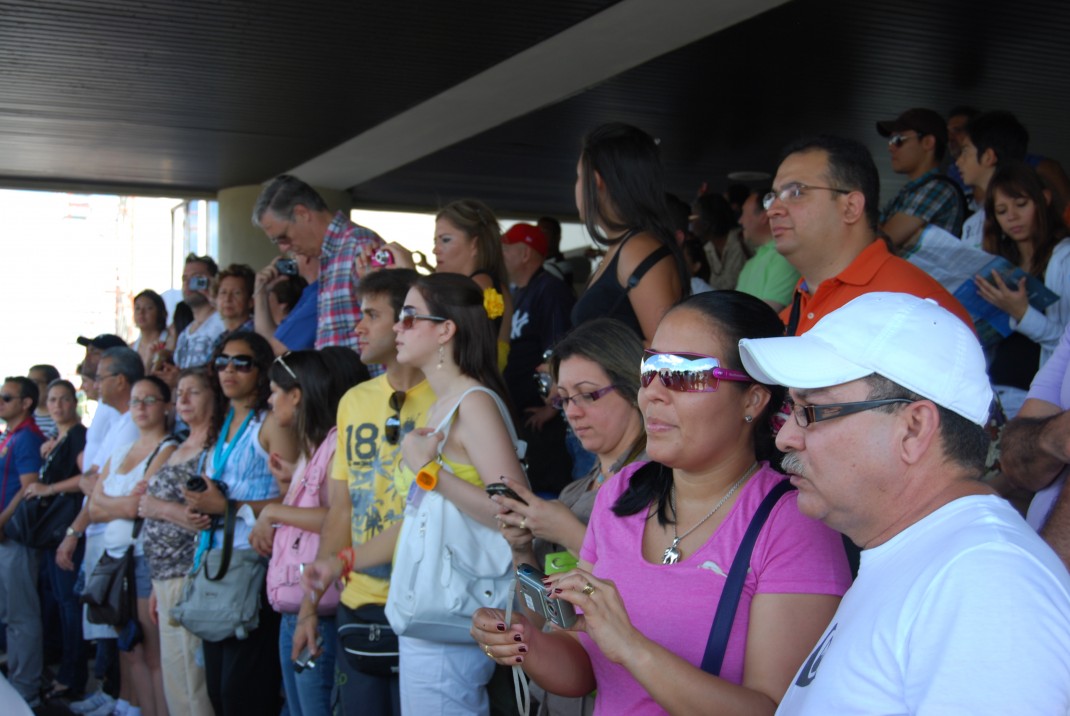 The crowded visitor's terrace at the Miraflores locks, Panama Canal