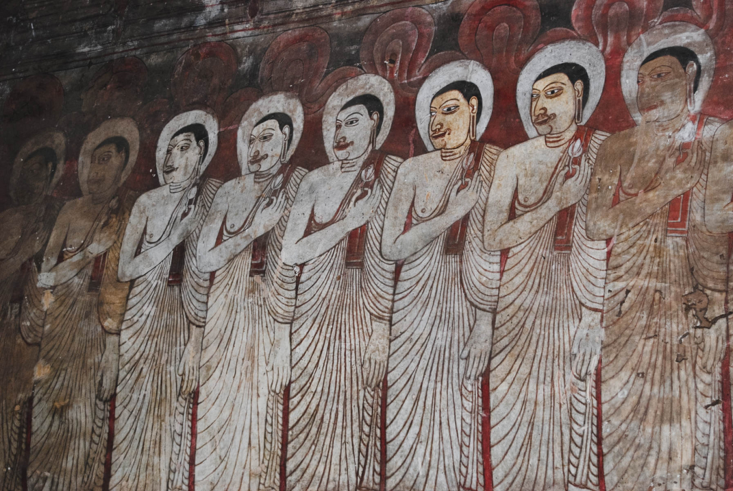 Ein Wandgemälde in den Höhlentempeln von Dambulla Sri Lanka